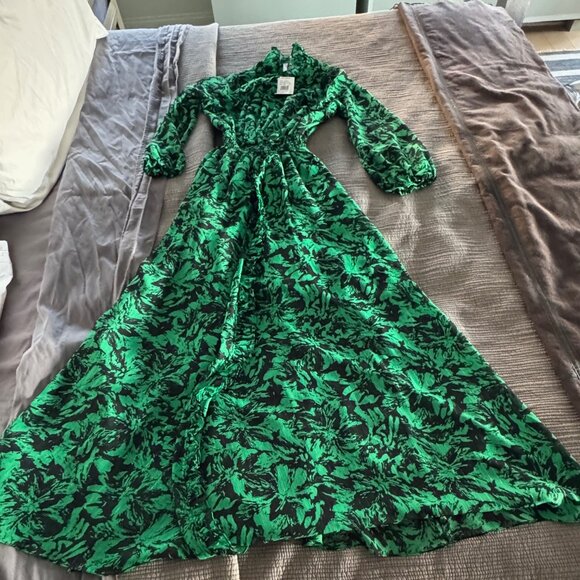 MISA Los Angeles Maxi Dress • Size S • Green/Black Print • Deep V & Slit - Picture 1 of 3